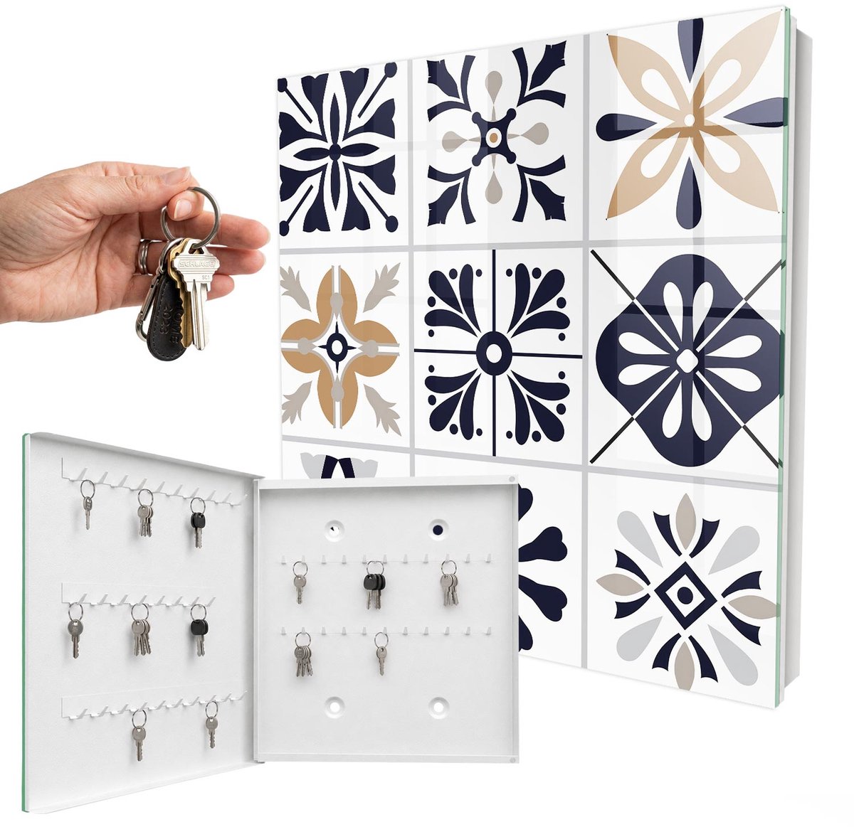 WallMuralia - Sleutelkast - 30x30x5 cm - met 50 haken - Geometrische Patronen Sleutelkastje Hal - Zwart Sleutelbox - Linksopenend - Wit interieur