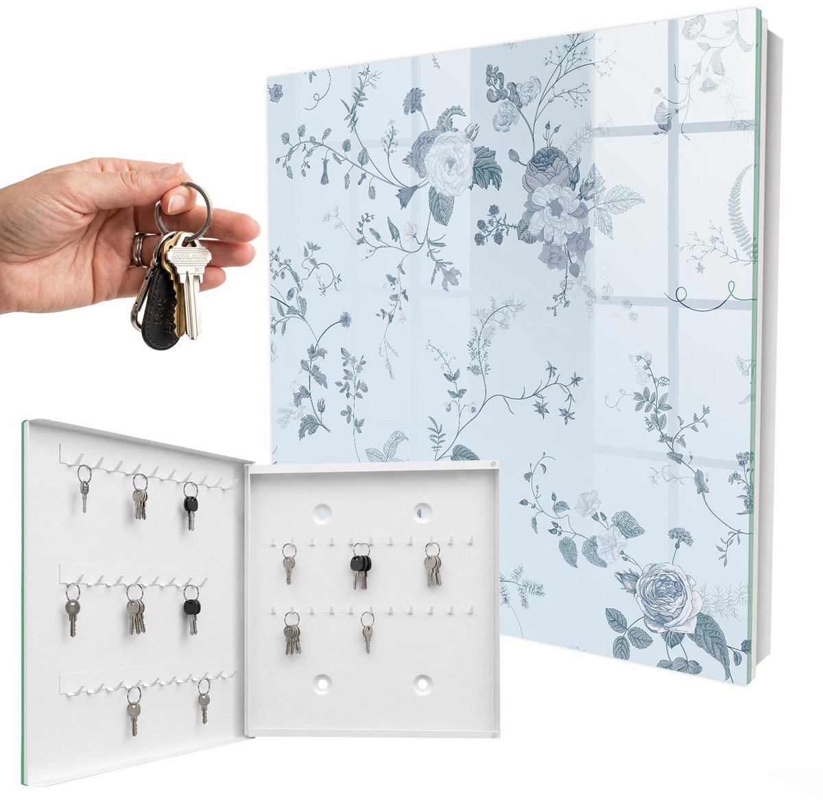 WallMuralia - Sleutelkast - 30x30x5 cm - met 50 haken - Botanische Bloemen Sleutelkastje Design - Blauw Sleutelbox - Linksopenend - Wit interieur