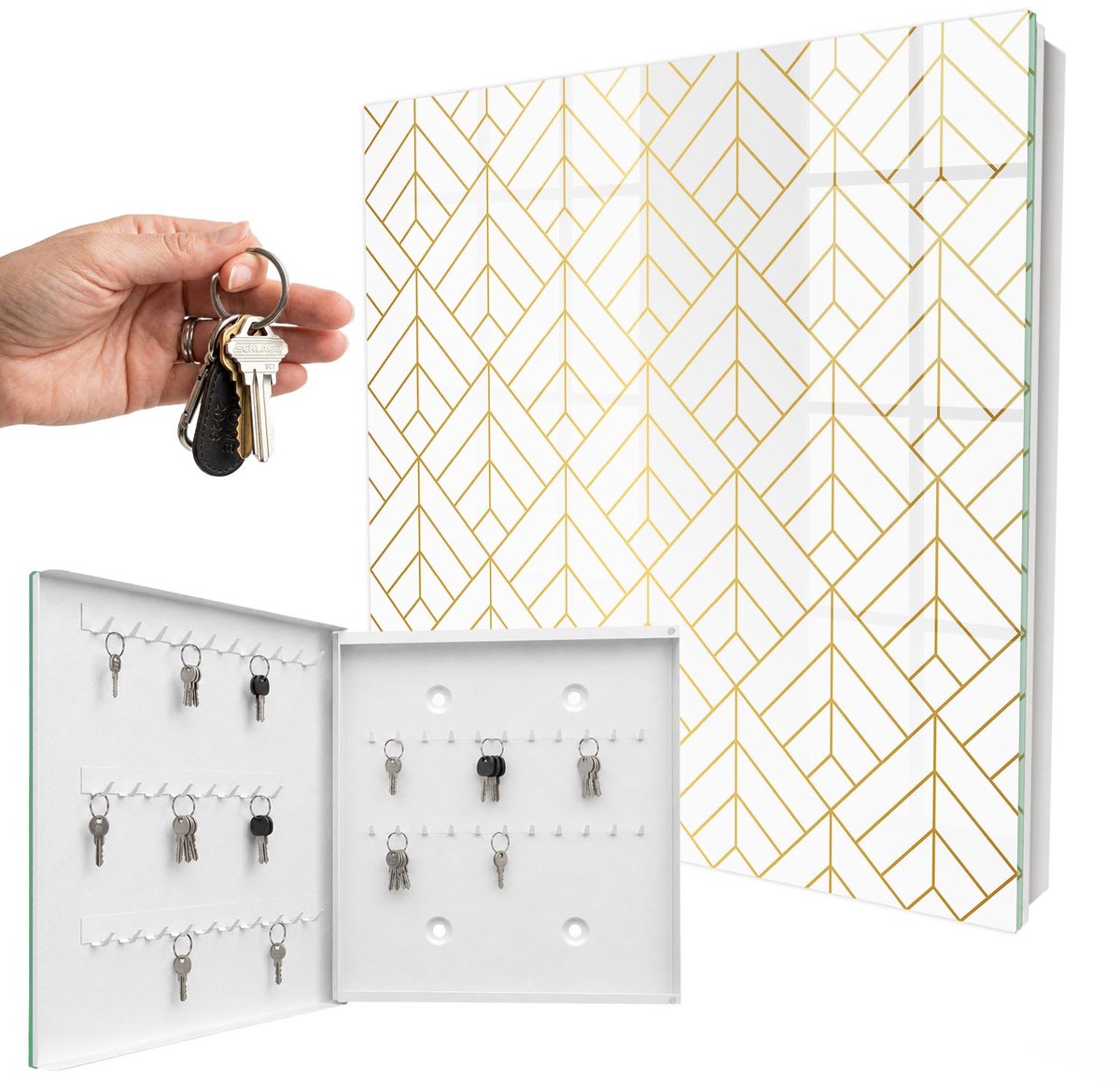 WallMuralia - Sleutelkast - 30x30x5 cm - met 50 haken - Stijlvolle Geometrie Sleutelkastje Klein - Wit Sleutelbox - Linksopenend - Wit interieur