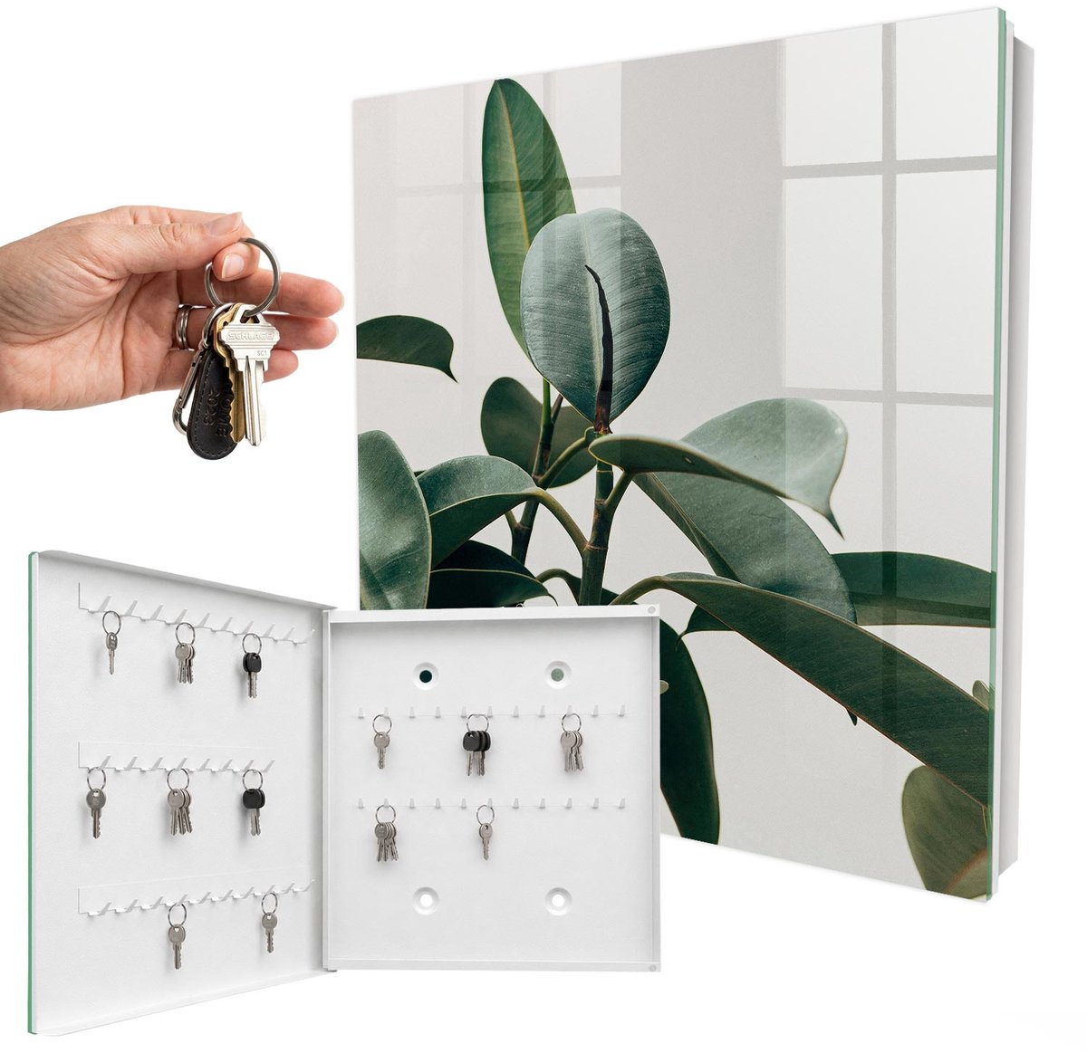WallMuralia - Sleutelkast - 30x30x5 cm - met 50 haken - Ficusbladeren Sleutelkastje Industrieel - Groente Sleutelbox - Linksopenend - Wit interieur