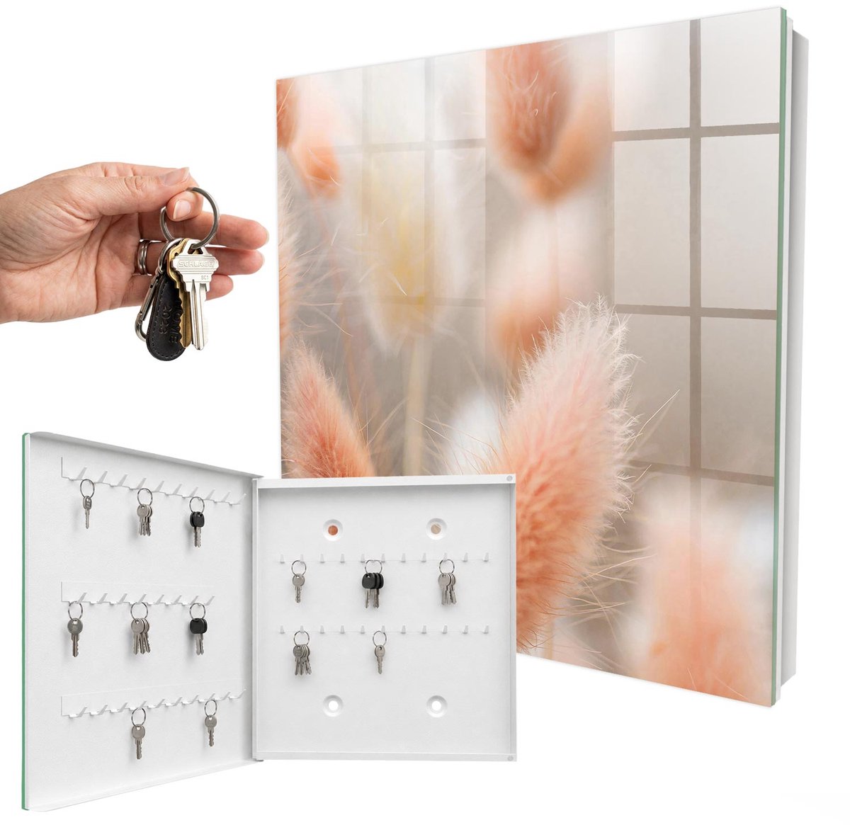 WallMuralia - Sleutelkast - 30x30x5 cm - met 50 haken - De Subtiliteit Van De Natuur Sleutelkastje Voor Binnen - Beige Sleutelbox - Linksopenend - Wit interieur