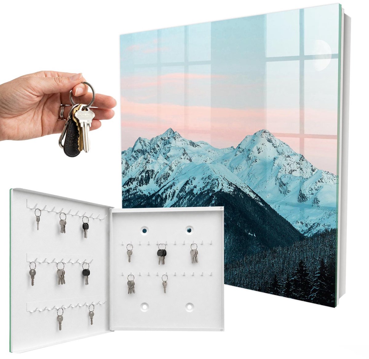 WallMuralia - Sleutelkast - 30x30x5 cm - met 50 haken - Bergvrede Sleutelkastje Klein - Wit Sleutelbox - Linksopenend - Wit interieur