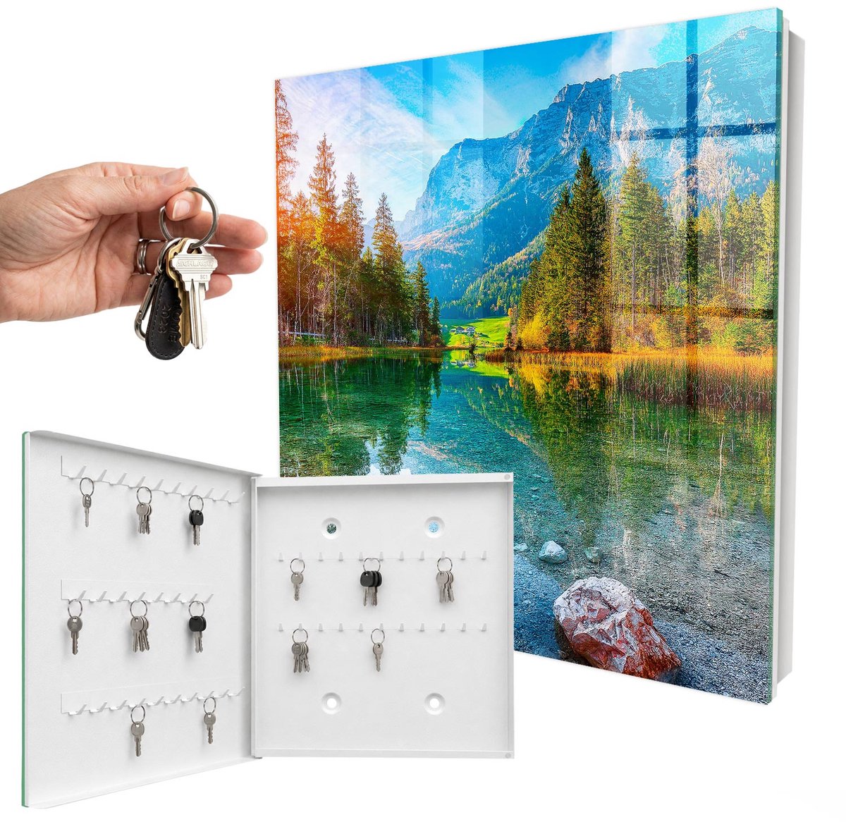 WallMuralia - Sleutelkast - 30x30x5 cm - met 50 haken - Berglandschap Sleutelkastje Hal - Groente Sleutelbox - Linksopenend - Wit interieur