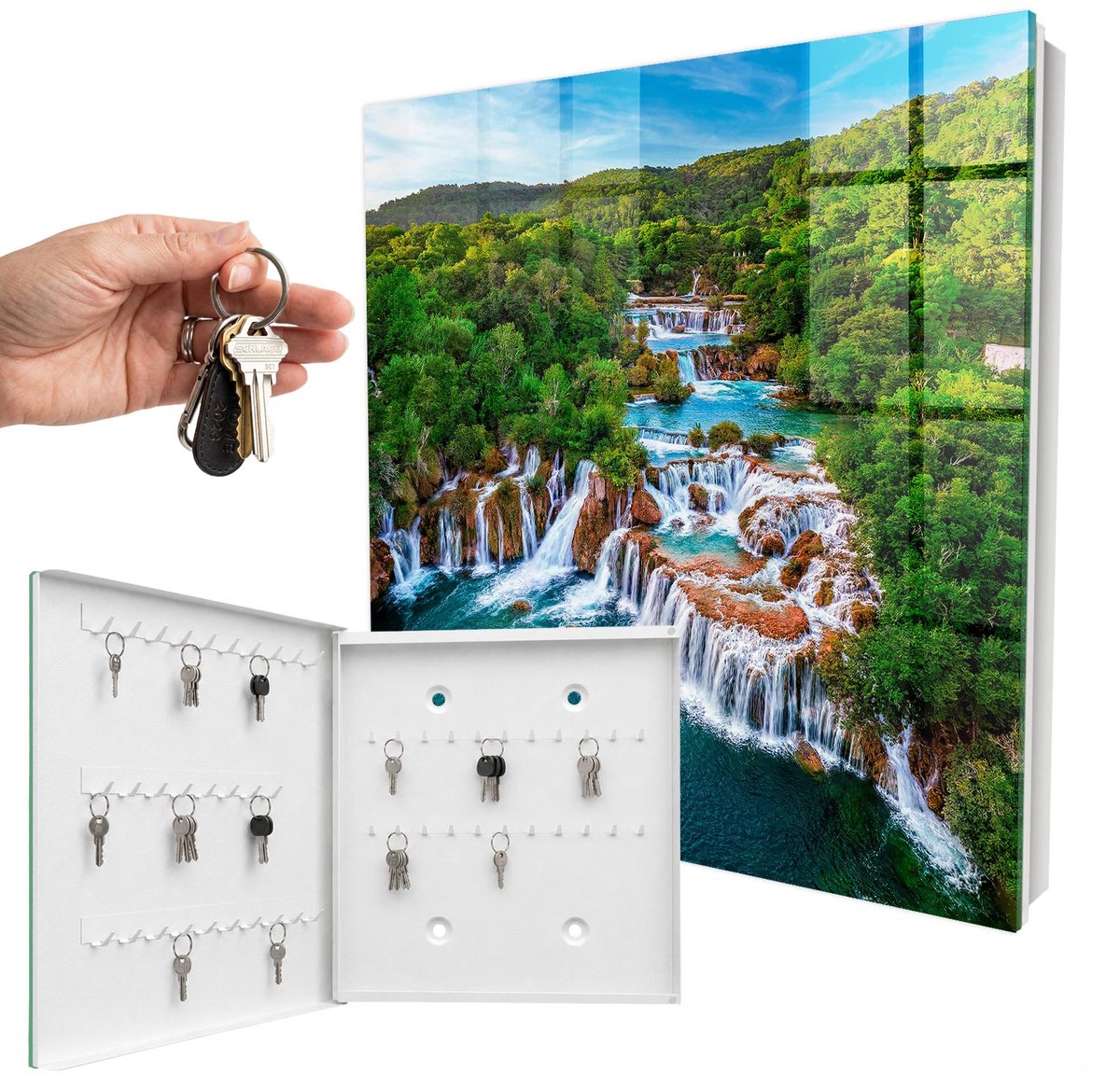 WallMuralia - Sleutelkast - 30x30x5 cm - met 50 haken - Natuurlijke Watervallen Groot Sleutelkastje - Groente Sleutelbox - Linksopenend - Wit interieur