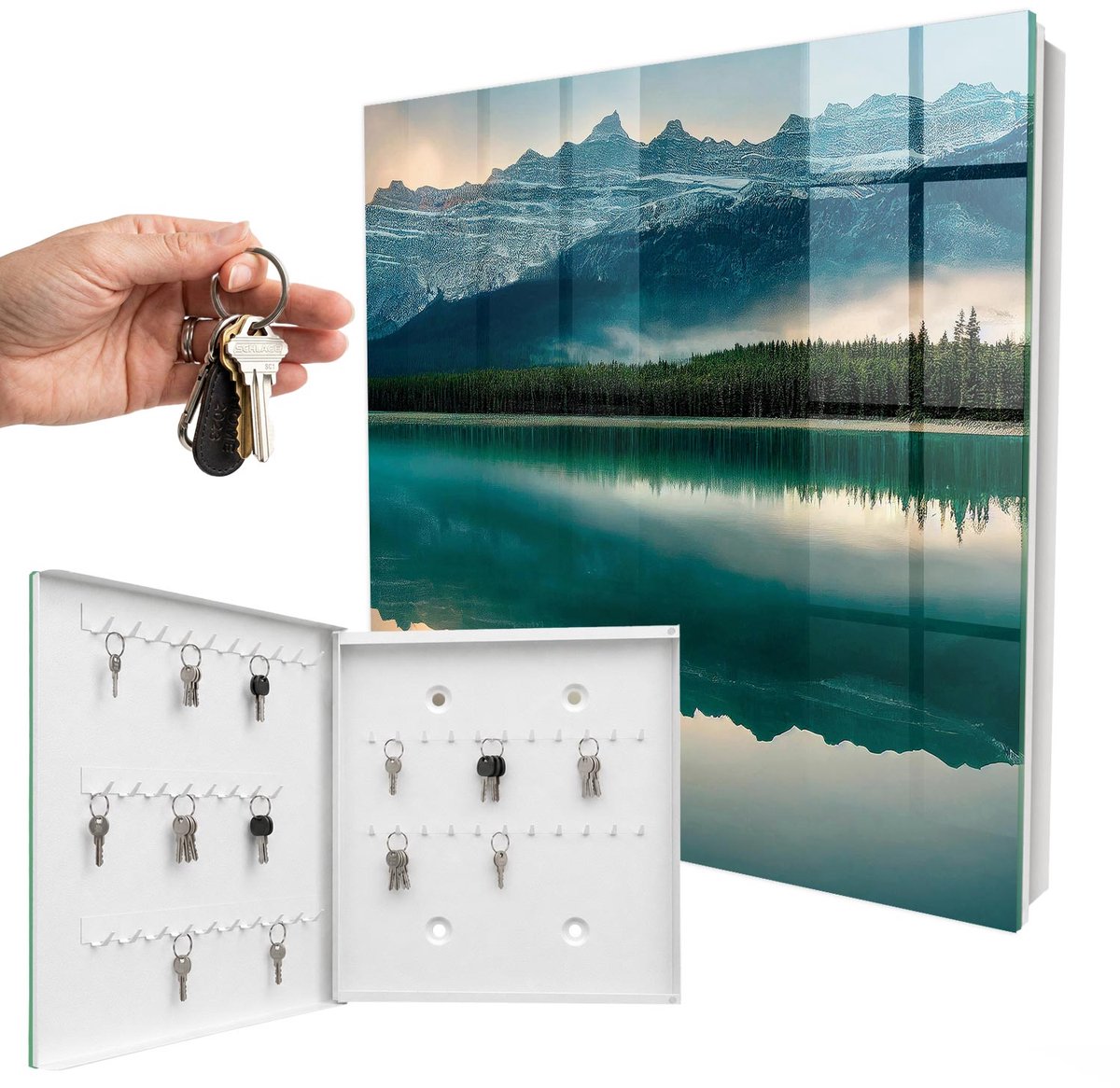 WallMuralia - Sleutelkast - 30x30x5 cm - met 50 haken - Bergreflectie Sleutelkastje Modern - Groente Sleutelbox - Linksopenend - Wit interieur