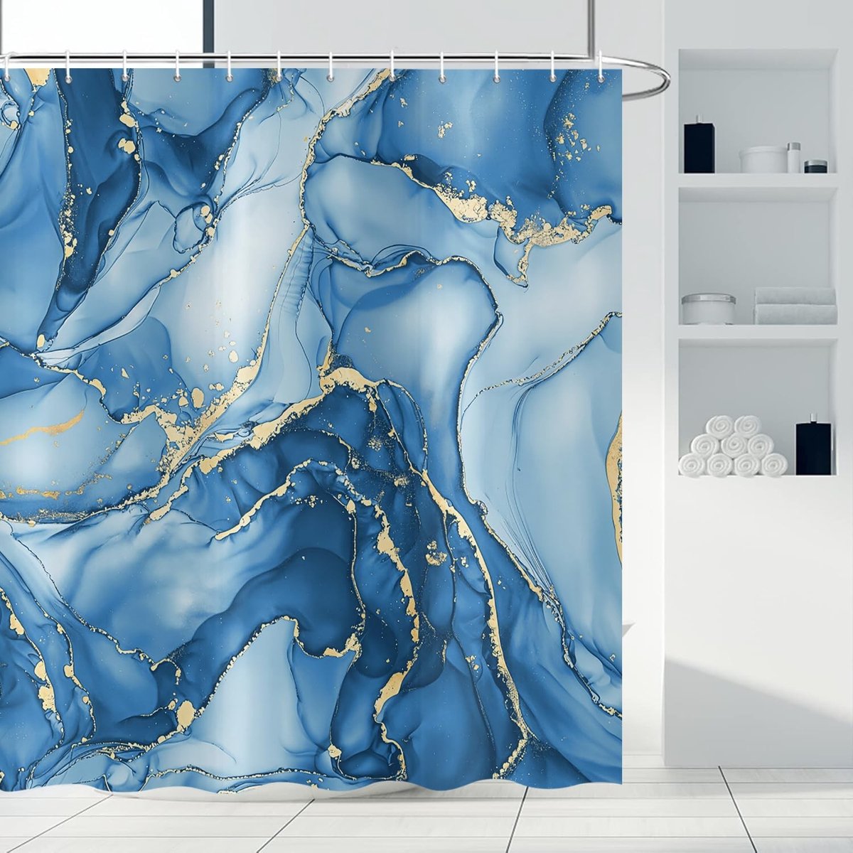 Omgoods - Abstract Blauw en Goud Marmer Douchegordijn 180x200cm