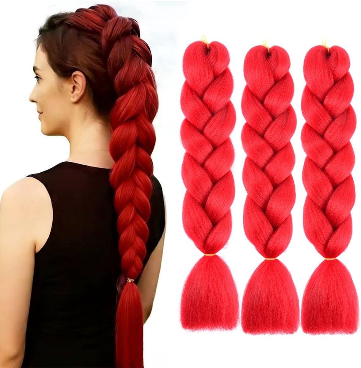 rode vlechthaar, 3 x kanekalon vlechthaar, 61 cm, synthetisch haar voor breien gehaakt breien