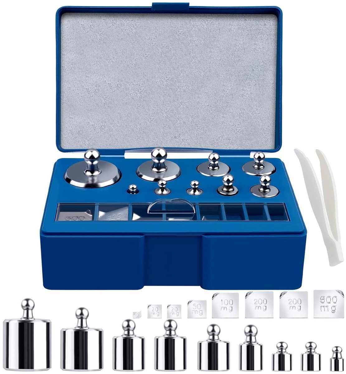 Omgoods- Kalibratiegewicht Set 211.1g - 100g/50g/20g/10g/5g - Staal - Opbergkoffer - Pincet - Toegestane fout +/- 0.003g - Gewichtset