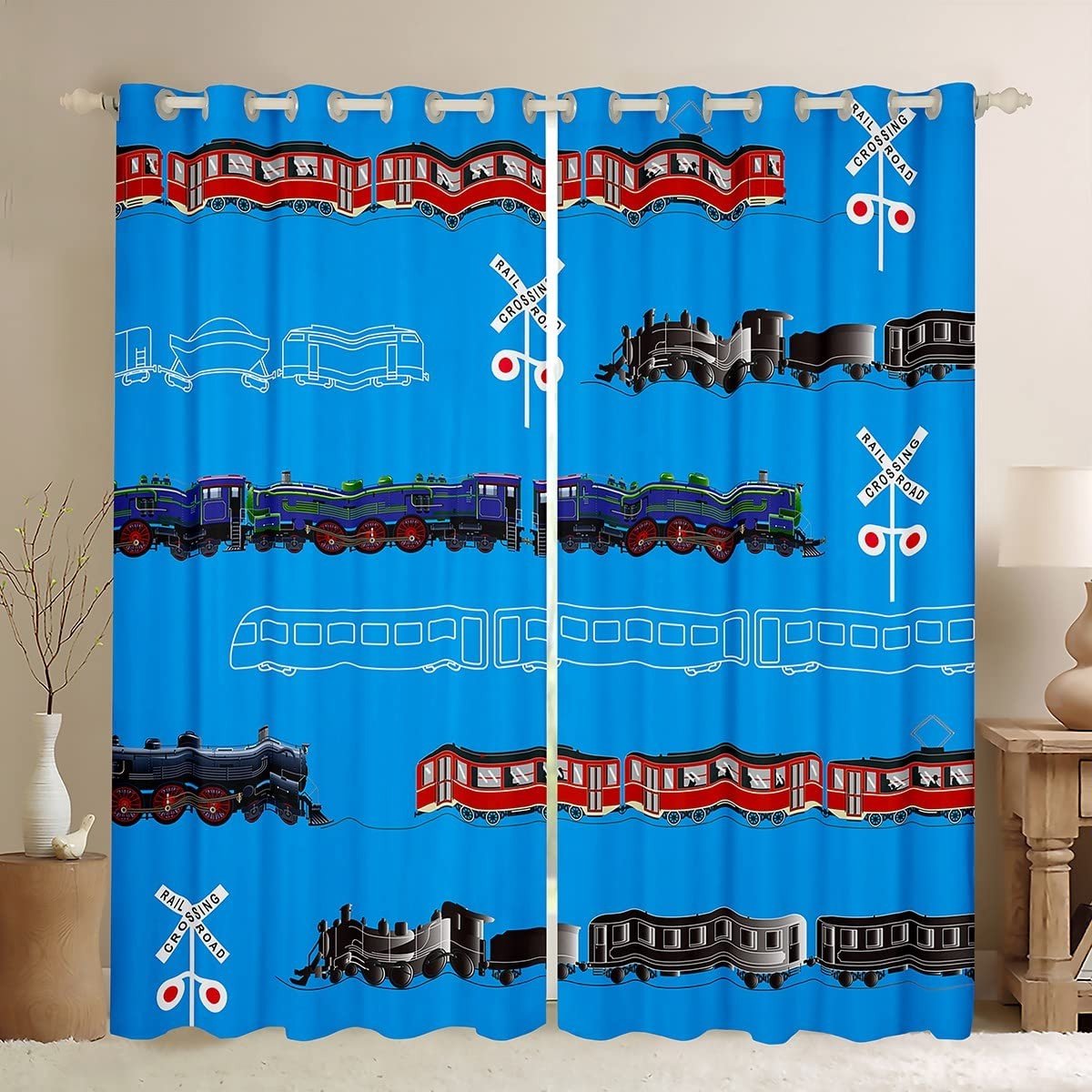 Omgoods - Retro Stoomtrein Gordijnen voor Kinderen 52 x 63 inch Rood Blauw Zwart