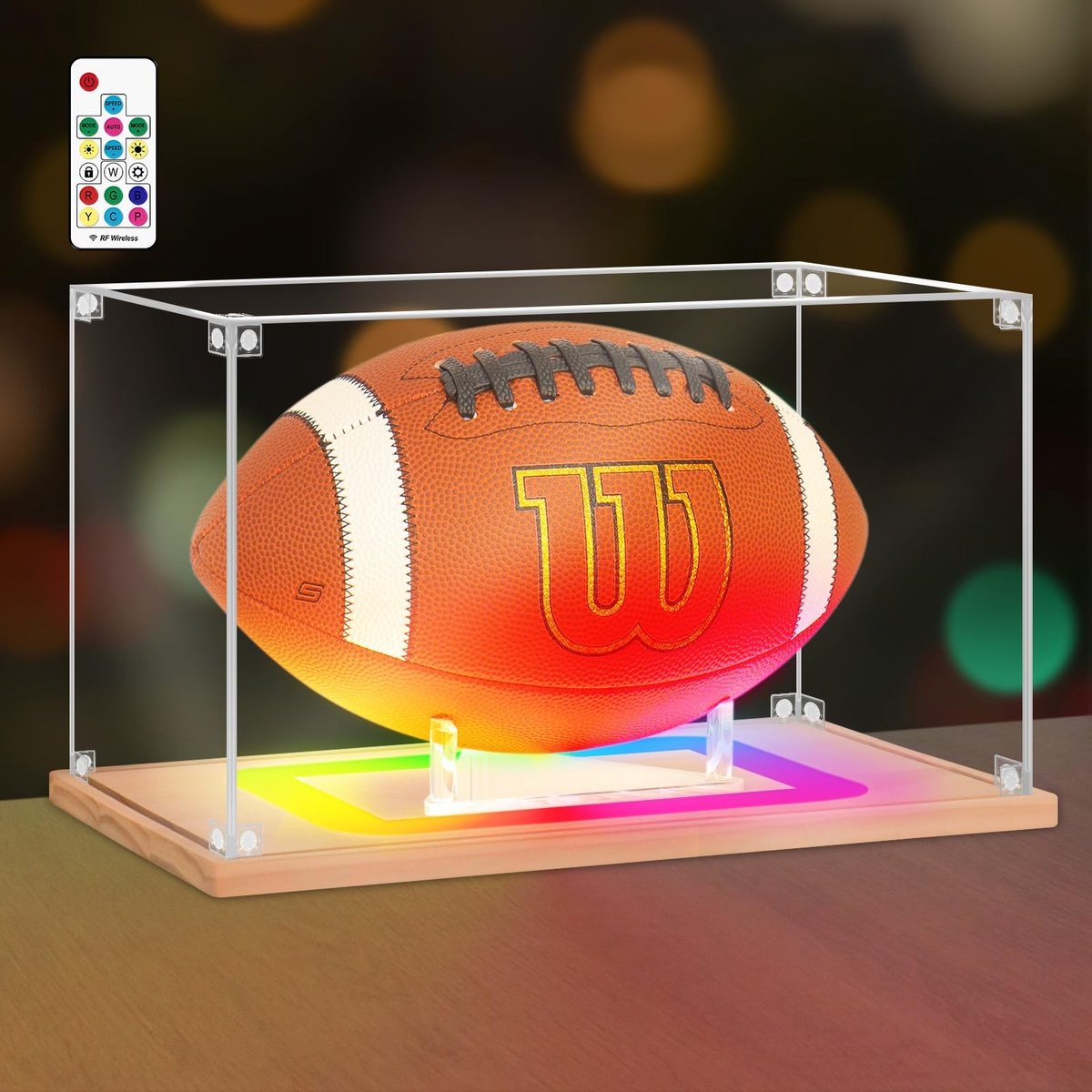 Omgoods - Voetbalvitrine met Kleurrijke Verlichting - UV-Bestendig Acryl met Houten Sokkel