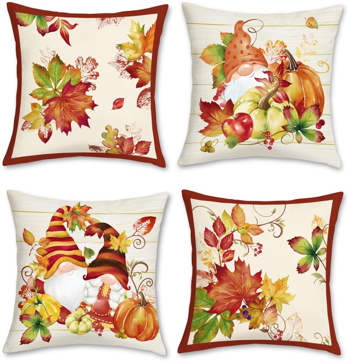Omgoods - Set van 4 Decoratieve Kussenhoezen 45x45 cm - Pompoen Gnoom en Herfstbladeren