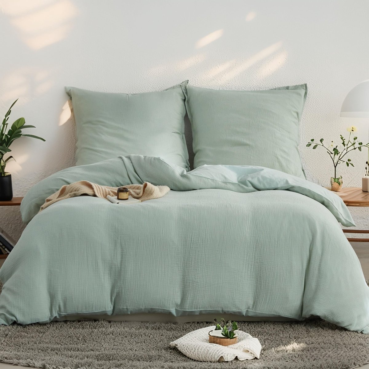 Omgoods - Extra Zacht Muslin Bedlinnen Set - Duvet Cover met Rits, 200 x 200 cm, Muntgroen