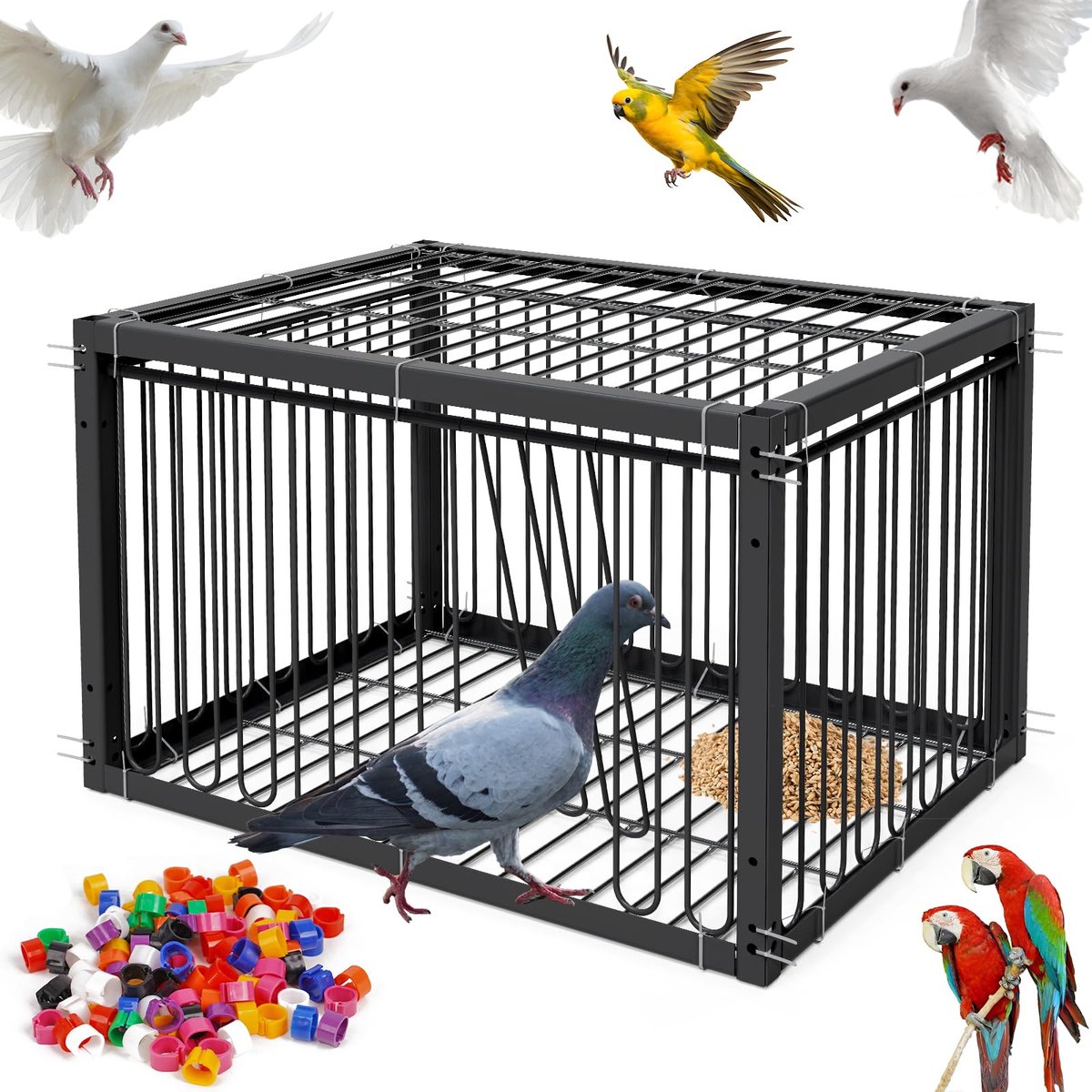 Grote Vogelkooi met Wielen - Verplaatsbare Vogelkooi met Remmen - Openklapbare Bovenkant en Verwijderbare Bodemlade - 8 Deuren met Voerbakjes, Drinkbakjes en Zitstokken - Voor Nymfen en Kleine Vogels