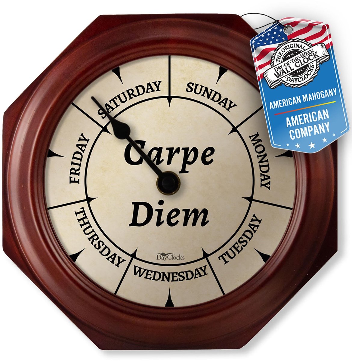 Omgoods - Carpe Diem Wandklok - Dag van de Week Klok - 9.5" Mahogany