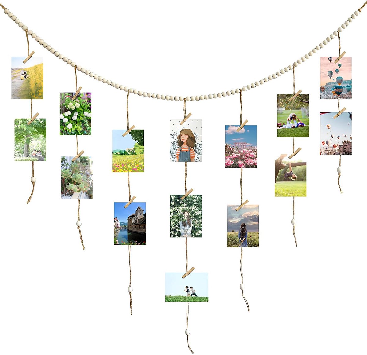Fototouw met houten klemmen, doe-het-zelf creatieve fotoophanging, doe-het-zelf fotolijst, wanddecoratie, 145 cm, houten kralen, fotolijn met houten klemmen, fotogordijn om op te hangen, met 30 clips