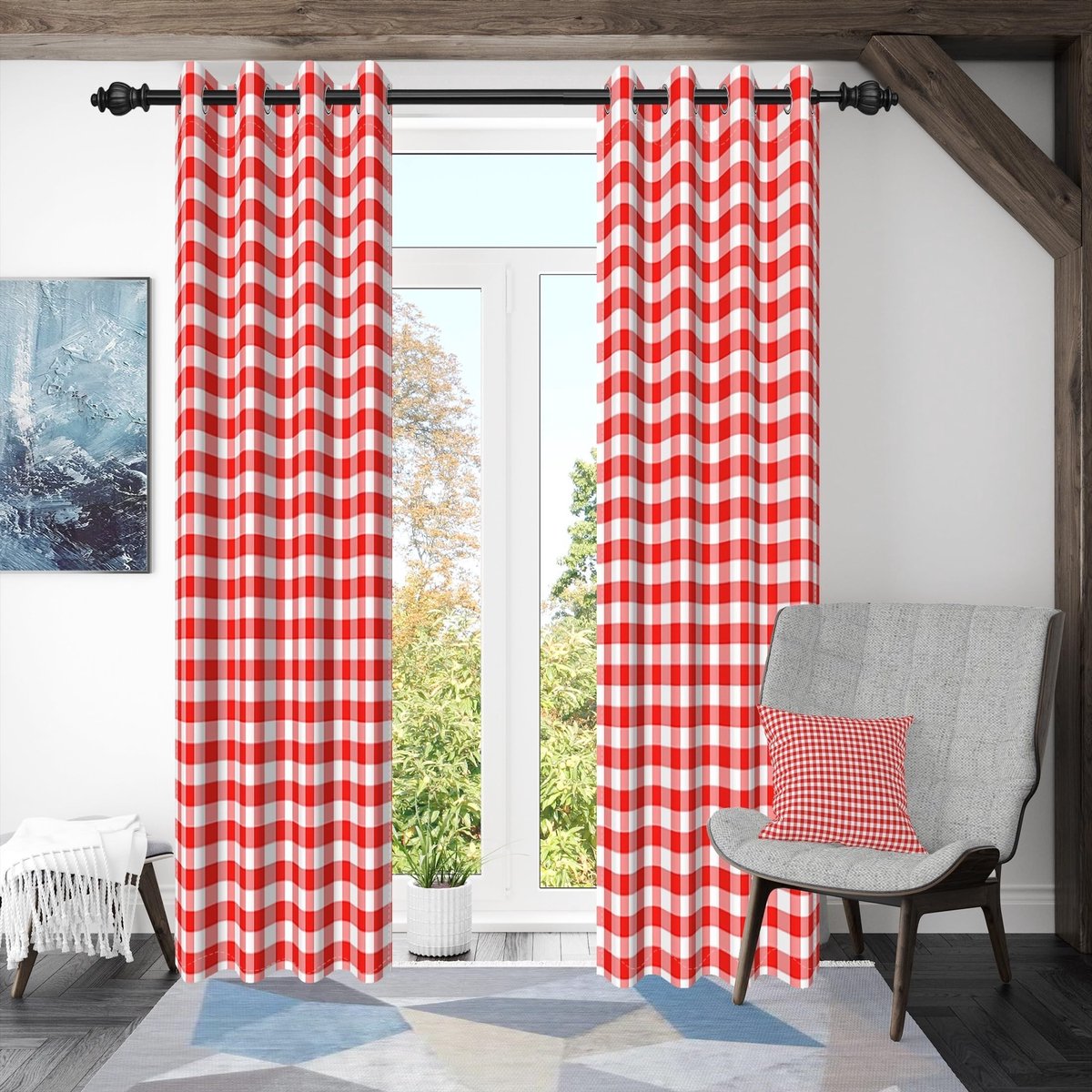 Omgoods - Plaid Gordijnen - Buffalo Rood en Wit - 117 x 183 cm - Set van 2
