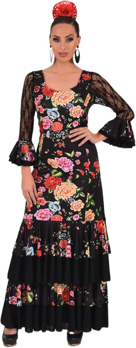 Flamenco-jurk voor dames met ruches, beurs- of Sevillana-kostuum met kanten mouwen en bloemenprint