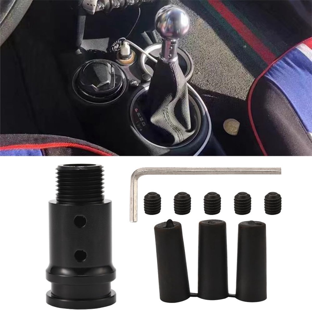 Auto versnellingspookadapter 18 x 1,5, universele schakelpookadapter van aluminium met 3 rubberen ringen M8/10/12, schakelpookadapter schroefdraad voor versnellingshendel zonder