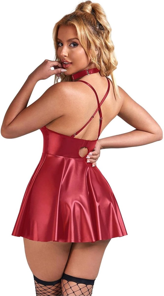 ohyeahlady Leren jurk voor dames, zwart, kort, grote maten, wetlook-lingerie, sexy ondergoed curvy, elegant, A-lijn, kunstleer, partyjurk, V-hals, mini-jurk, clubwear, sexy lingerie, mollige vrouwen