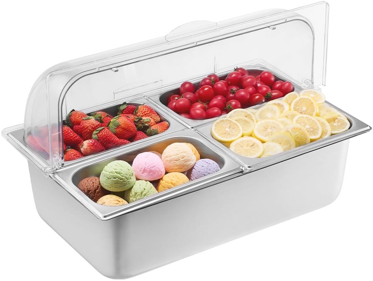 Omgoods - Buffet Container met Duidelijk Deksel - 4 Pans Voedsel Dispenser