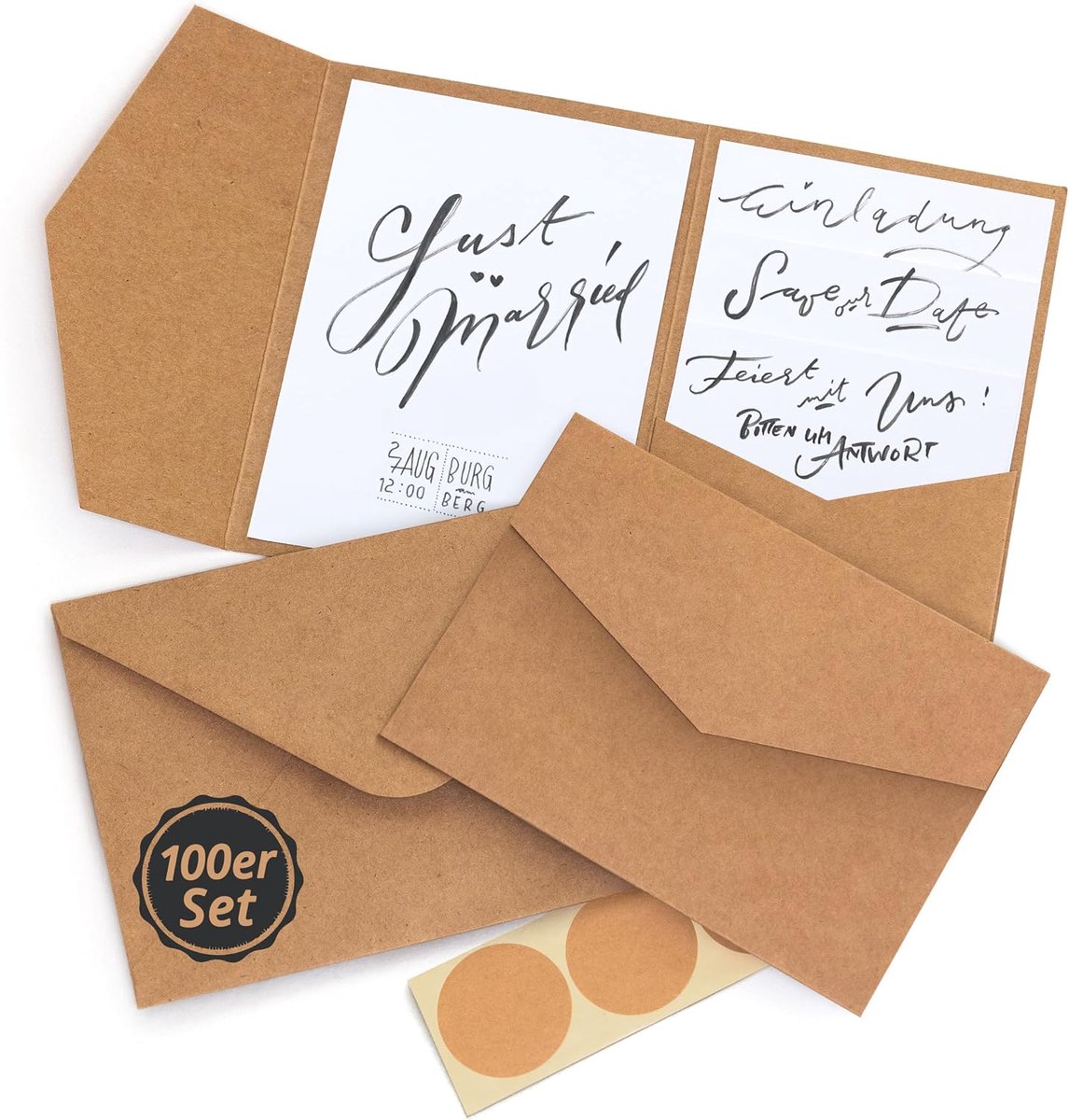 - Set van 100 Pocketfold-kaarten met enveloppen, B6-formaat, bruin | Blanco Pocketfolds van 300 g/m² met briefenveloppen van 120 g/m² kraftpapier voor bruiloften en uitnodigingen om te ontwerpen