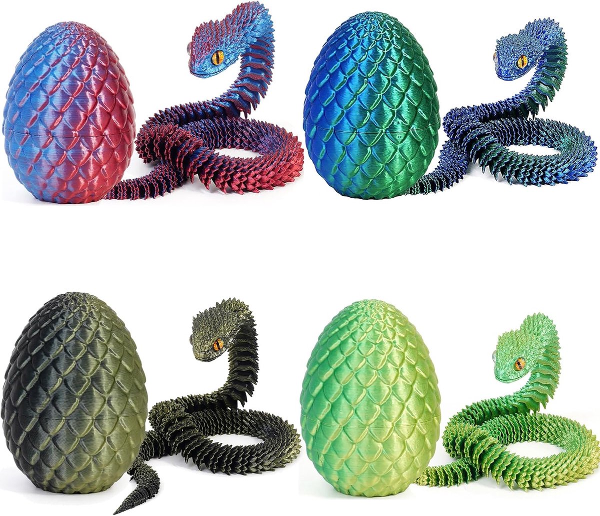 4 stuks 3D-geprinte slangenspeelgoed, Pasen 3D-geprint drakenei, slangenei, 3D-geprinte dieren, speelgoed voor Pasen, kerstdag, bureaudecoratie (D)