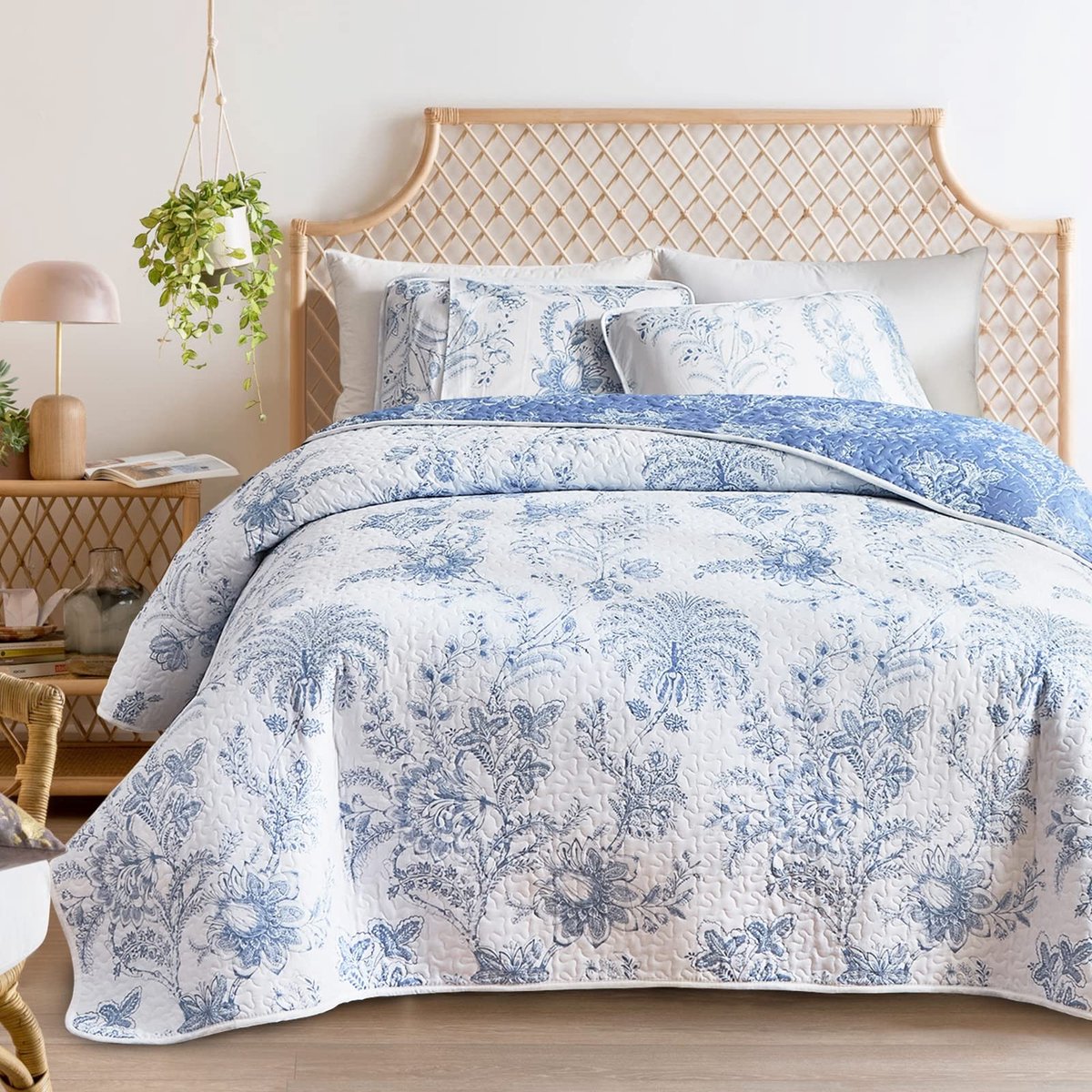 Omgoods - Botanisch Dekbedovertrek Set, 2-delig, Wit Blauw Bloemenprint, Tweepersoons