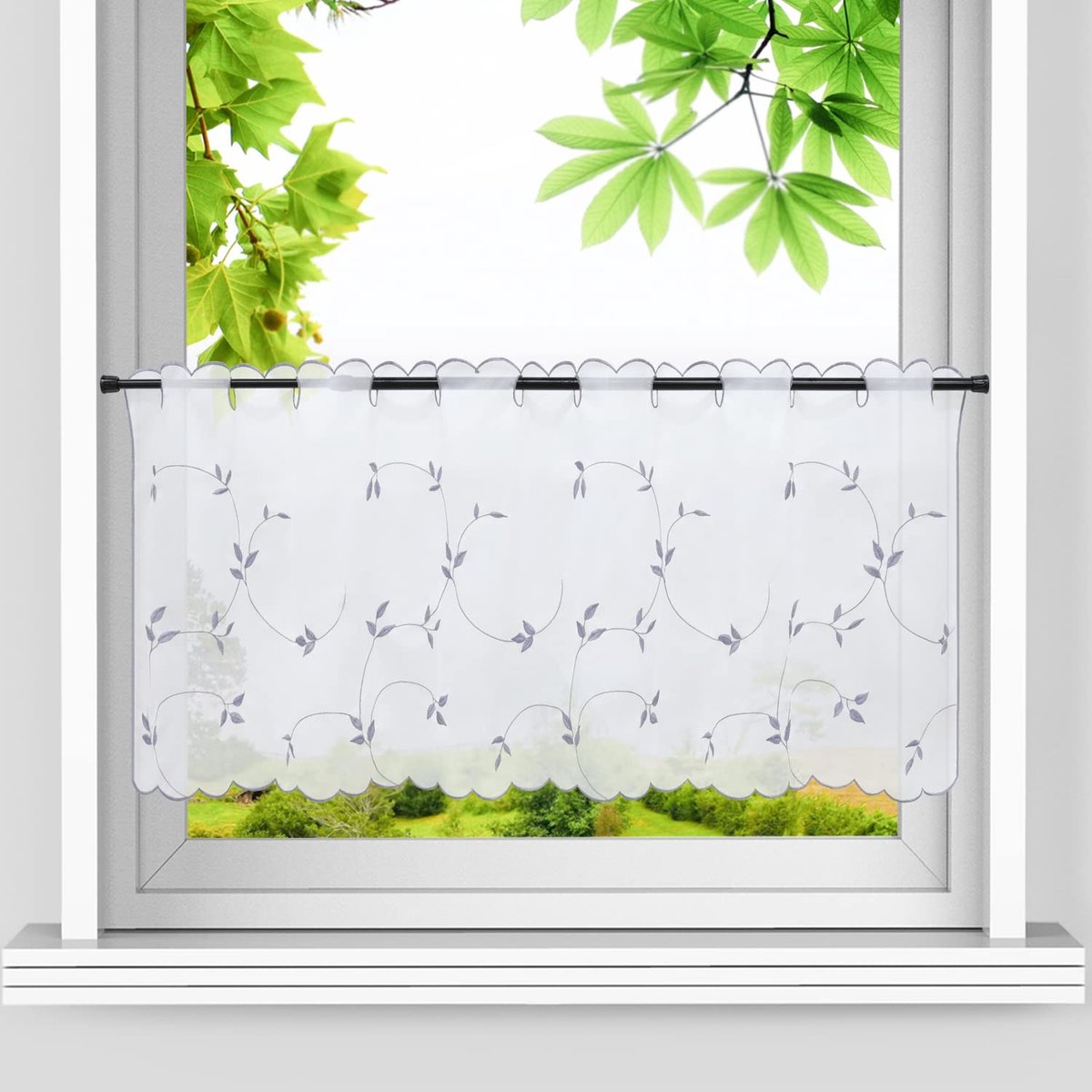 Omgoods - Voile Gordijn met Bladeren Borduurwerk - Korte Gordijn voor Keuken in Lichtgrijs (45 x 120 cm)