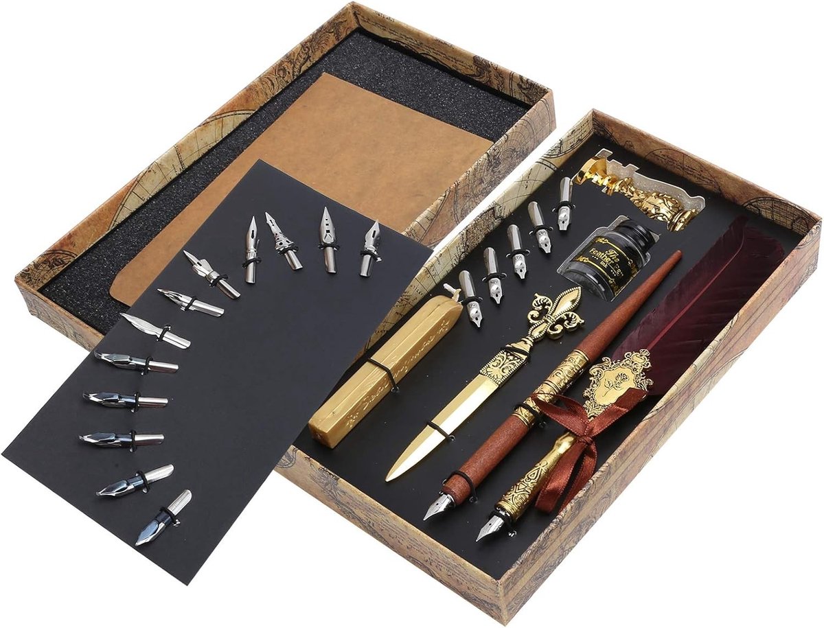 Omgoods- Kalligrafiepen Vintage - Kalligrafie Kit - 12 Stuks Fancy Nibs - 5 Stuks Art Nibs - Metalen Gegraveerde Stempel - Retro Design - Schrijfpen