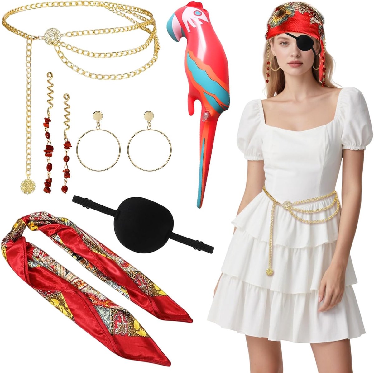 7-delige piratenkostuum voor vrouwen, piratenkostuum, verkleedset voor vrouwen, piraat hoofddoek piraat ooglapje, opblaasbare papegaai, taille ketting, oorbellen, haaraccessoires, piraat