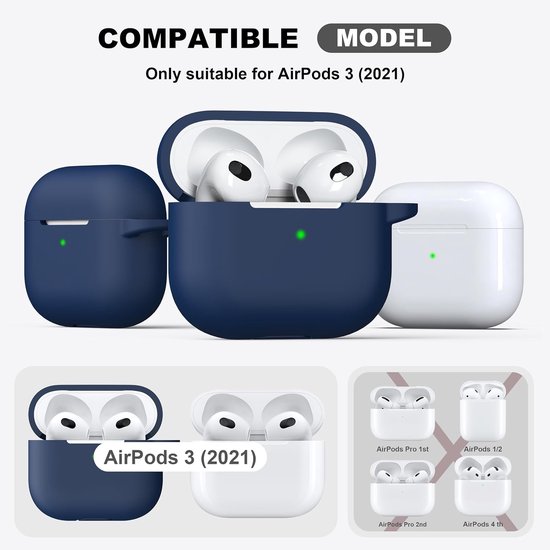 Compatibel met AirPods 3e generatie 2021 Oplaadhoes, Zachte Silicone Beschermhoes Compatibel met Apple Airpod 3 Gen met Schoonmaakset & Sleutelhanger,Middernachtblauw van compatibel — afbeelding 5