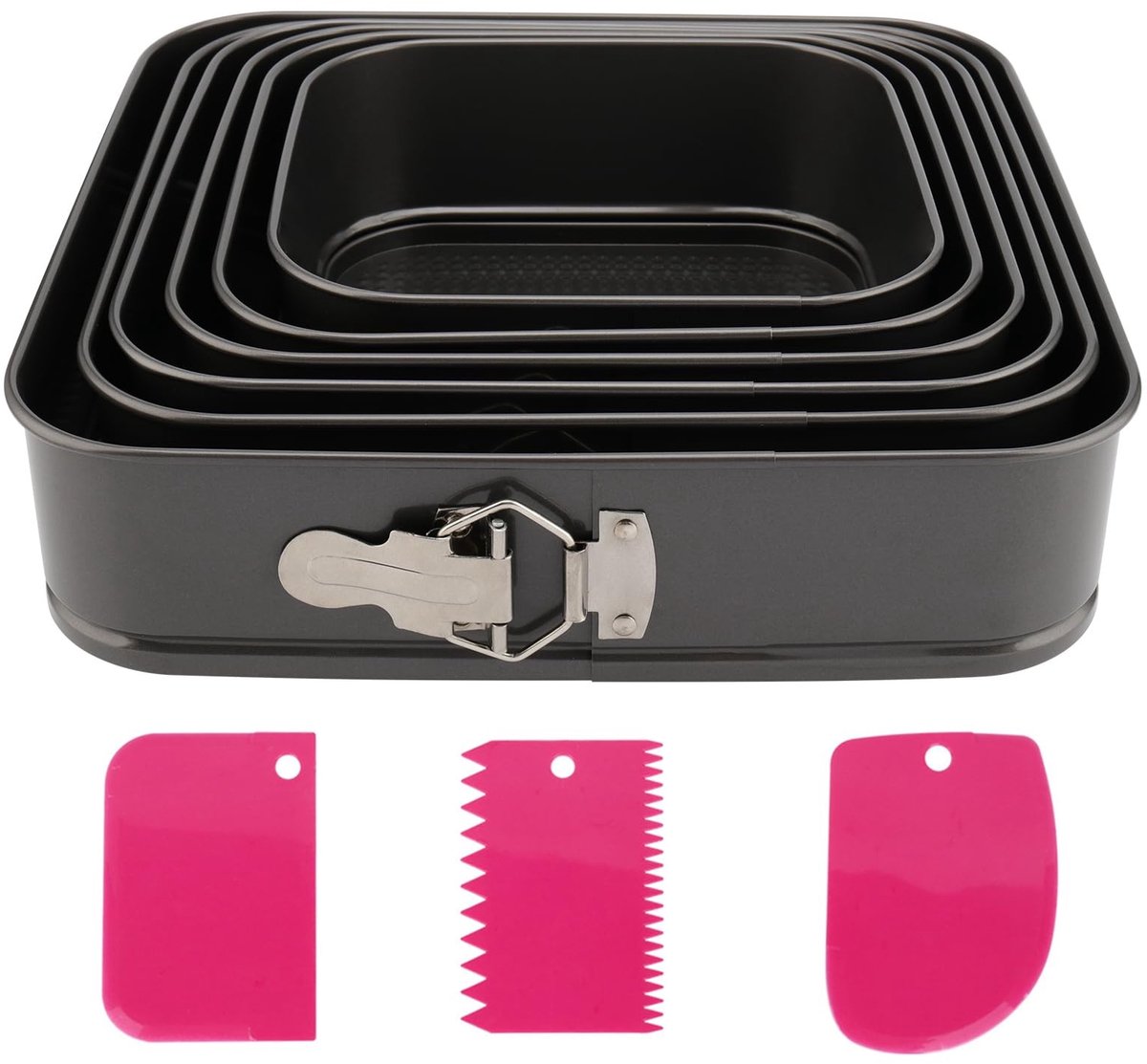 Omgoods- Springvorm Set van 6 - Vierkante Bakvorm 18/20/22/24/26/28 cm - Antiaanbaklaag - Taartvorm Staal - Inclusief Spatels - Veelzijdig Inzetbaar