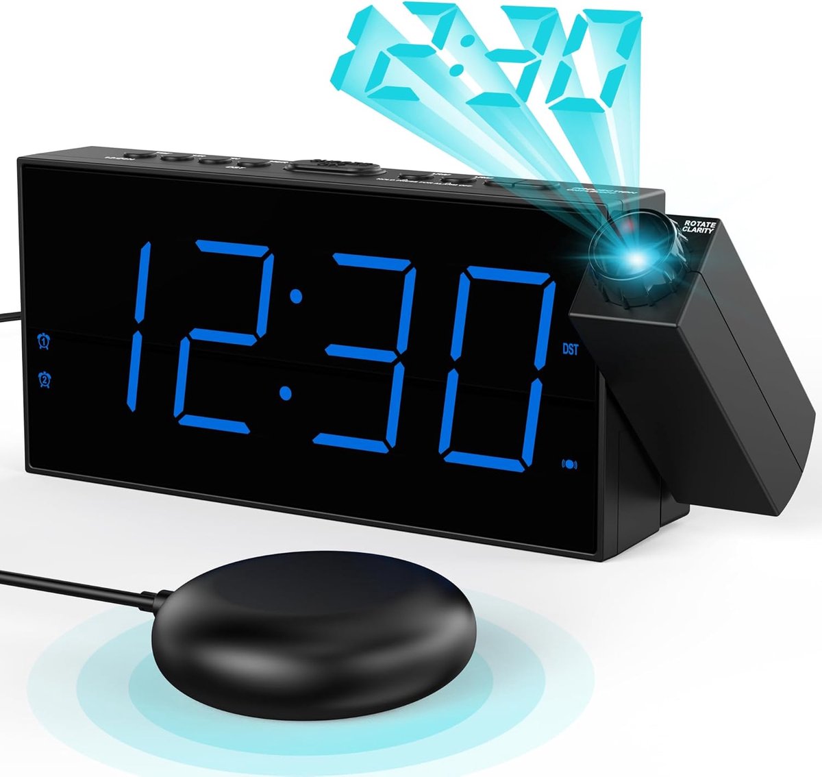 Wekker met projectie voor slaapkamer, trilwekker voor zware slapers, slechthorenden en doven, digitale wekker met groot led-display, dubbele wekker, batterijback-up, sluimerfunctie, 12/24 uur