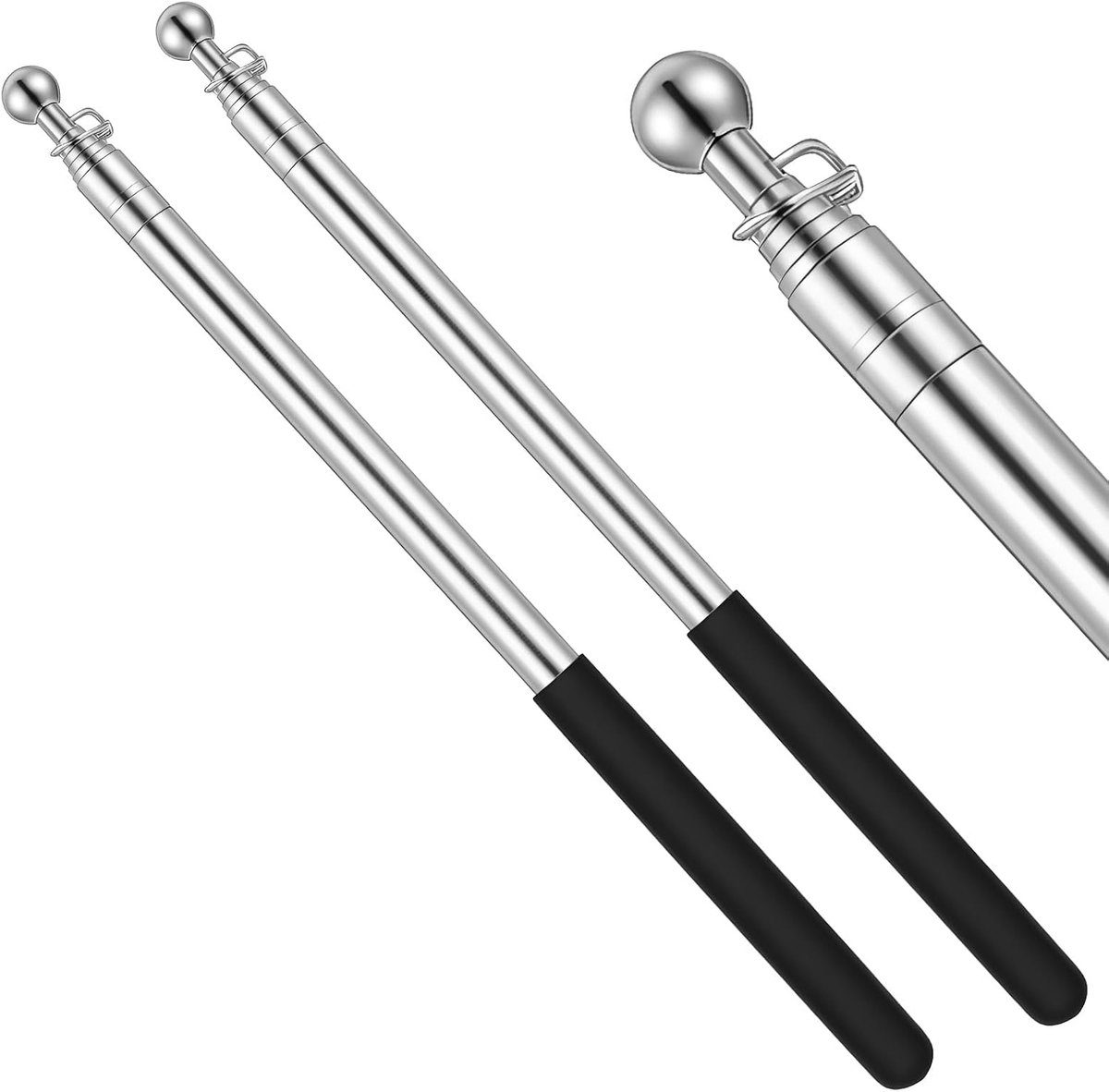 2 stuks telescopische vlaggenstokken, lange vlaggenstok, 1,6 m, telescopische stang met haken, Tour Guide, vlaggenstang, zwart, roestvrij staal, handheld telescopische vlaggenstangen met handvat, voor