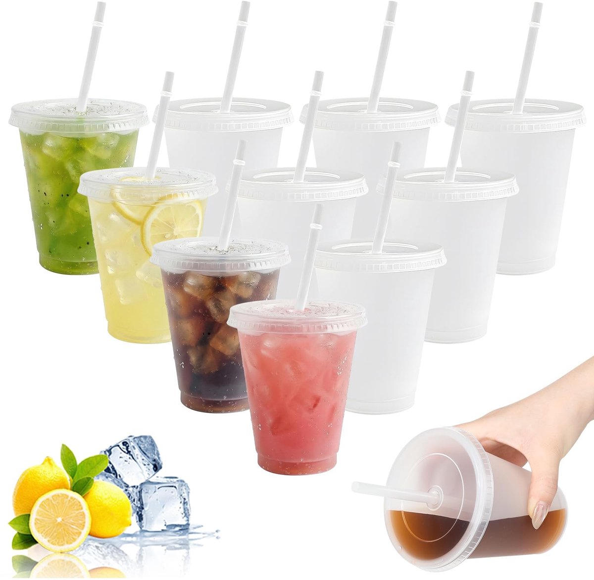 Omgoods - Plastic Bekers met Rietjes en Deksels - Herbruikbare Smoothie Koffiebeker 16oz/475ml
