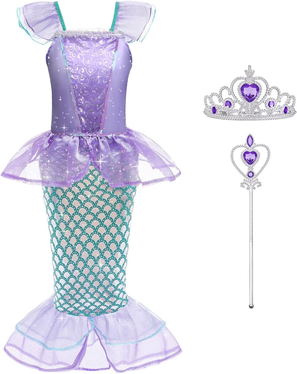 zeemeermin kostuum voor kleine meisjes, prinses zeemeermin kostuums set met accessoires, zeemeermin verkleedpartij prinses Ariel zeemeermin glitter meisjes kostuum voor Halloween Cosplay carnaval verjaardag