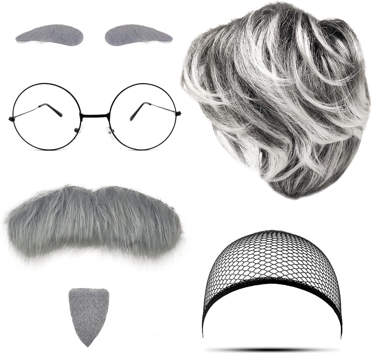 7-delige Opa-kostuumset, voor mannen en vrouwen, kostuumaccessoires, grootvader-accessoire, pruik, grijze baard, wenkbrauwkap, bril, voor cosplay, Halloween, party, carnaval