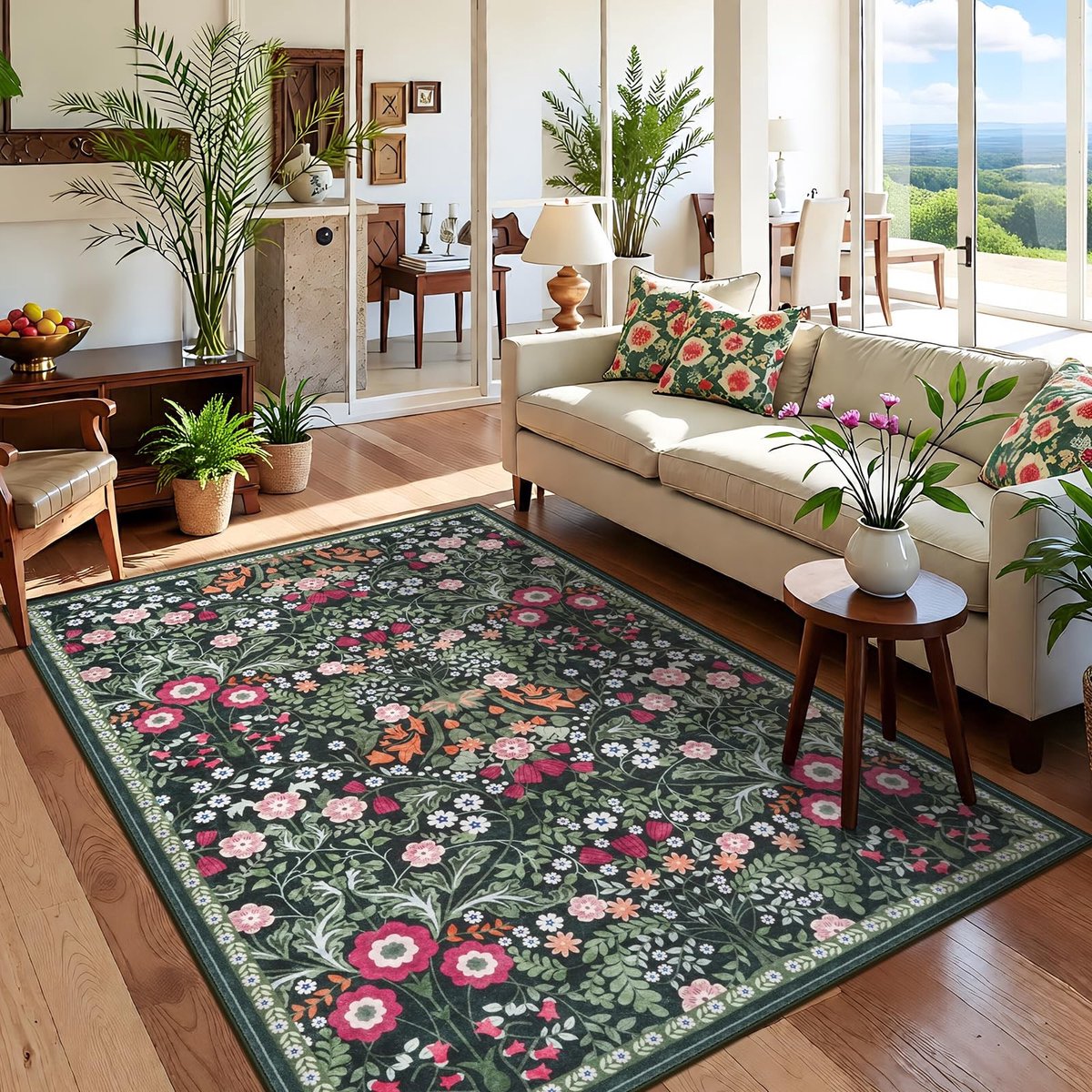 Omgoods - Grote Wasbare Vloerkleed 120 x 170 cm met Bloemenpatroon