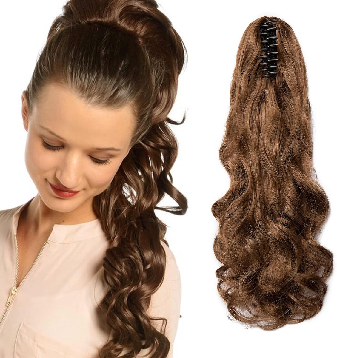 Haardeel Vlecht haarverlengingen Paardenstaart Clip in Paardenstaart Extensions Klauw Paardenstaart Haarverlenging zoals echt haar Golvend Krullend 18", Goudbruin