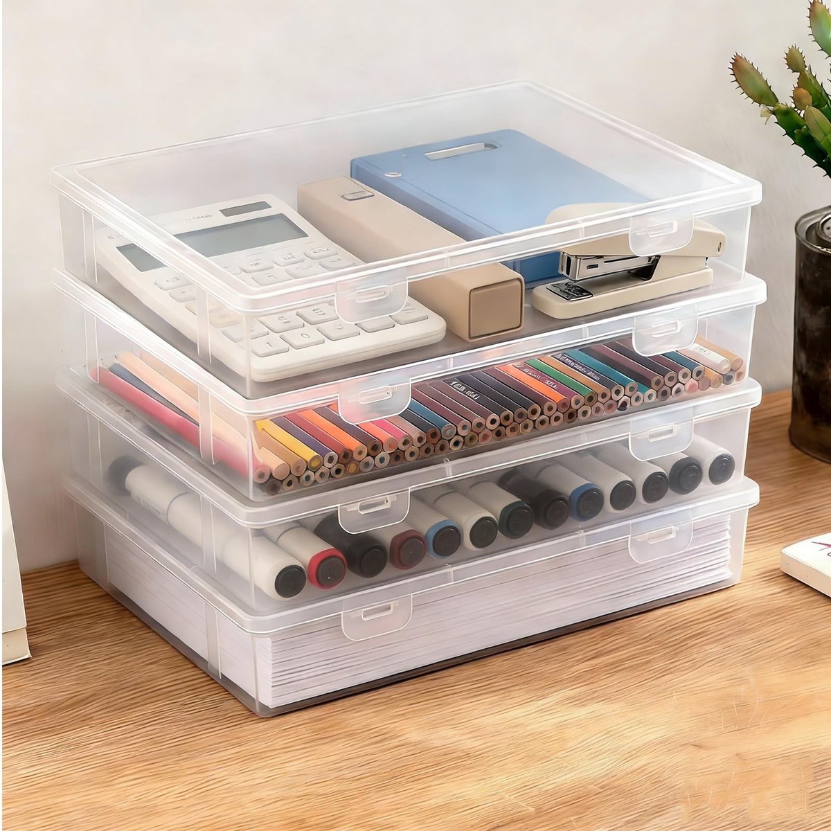 Omgoods - Set van 4 Documentdozen met Deksel - Transparante A4 Opbergdozen voor Documenten en Meer