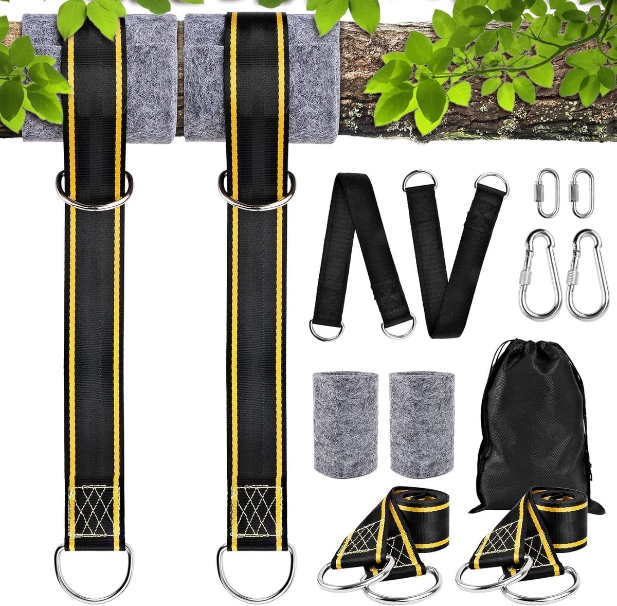 Omgoods - Hangmat Bevestigingsset met Karabijnhaken en D-ringen - 150 x 5 cm, Zwart