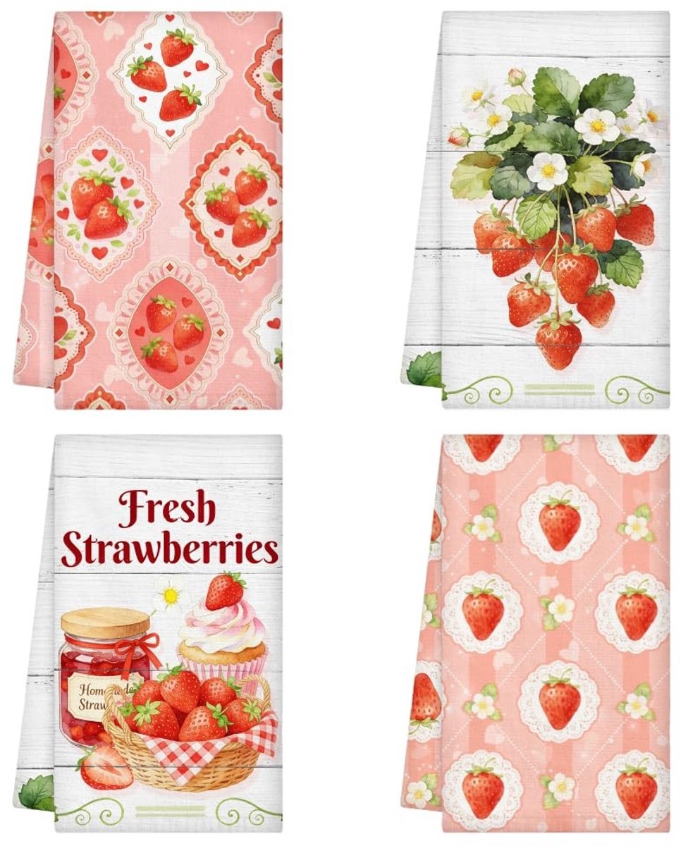 Omgoods - 4-delige Aardbeien Keukenhanddoekset | Microvezel Sneldrogende Handdoeken