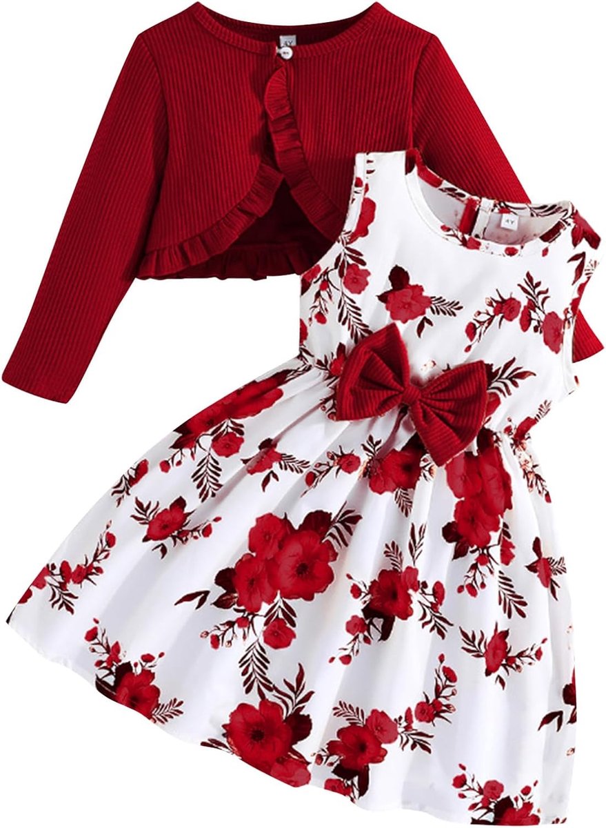 Jurk voor meisjes met cardiganset, bloemenjurk, mouwloos, met ruches, lange mouwen