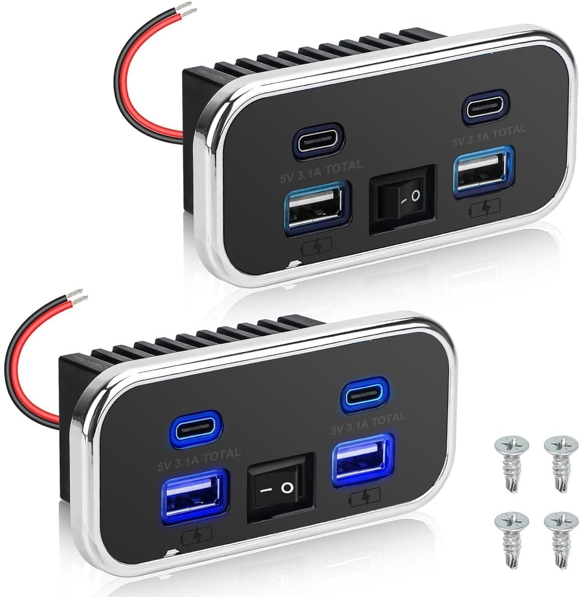 2 STKS RV USB Outlet, 62W Dual USB-A & Dual Type-C Poorten, Stopcontact Panel met Schakelaar voor 12V/24V Auto Truck Marine