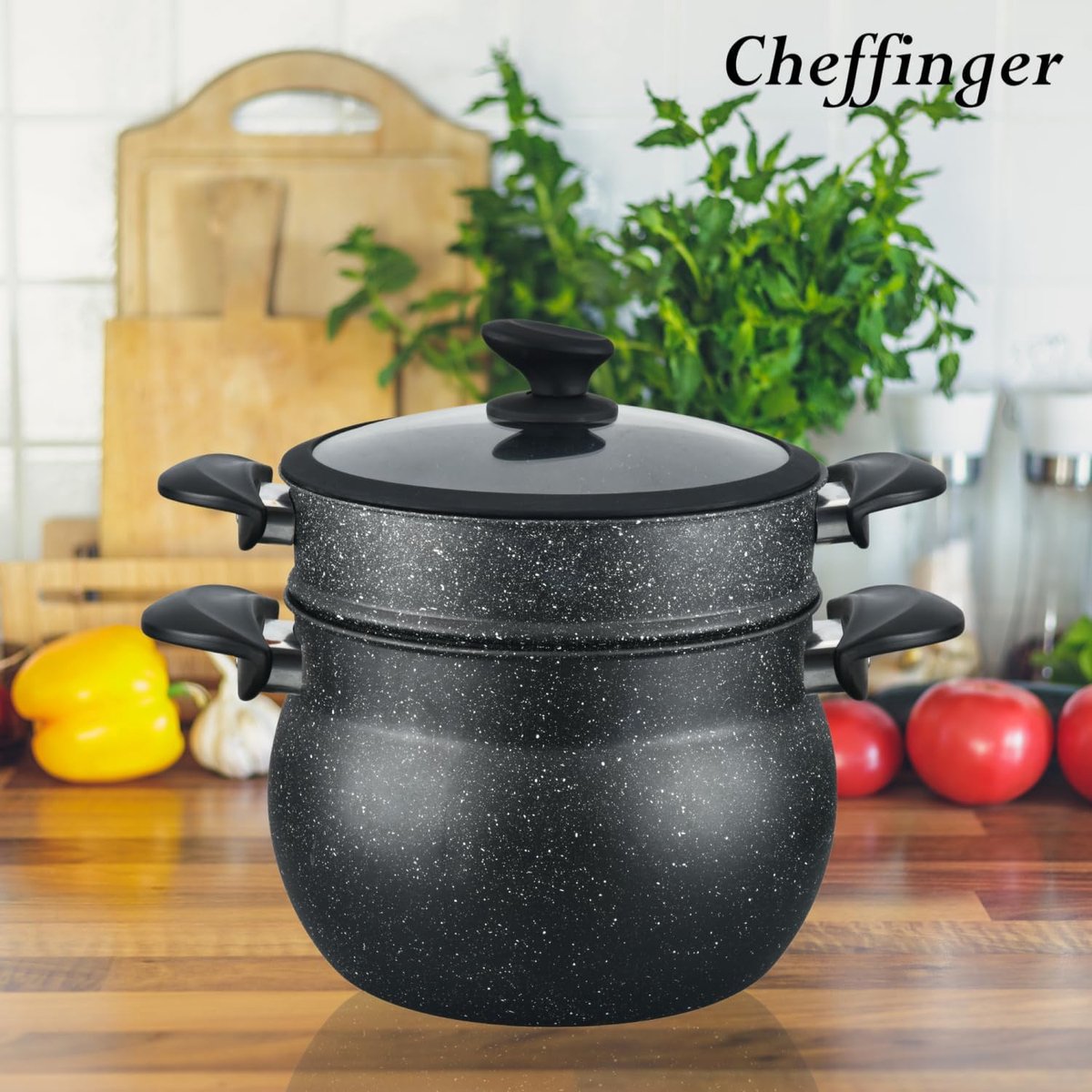 - Kitchen & Tableware - Pots - Featured Products - Cheffinger CF-COUS8: 8L Marble Coated Steam Cooker Couscous Pot