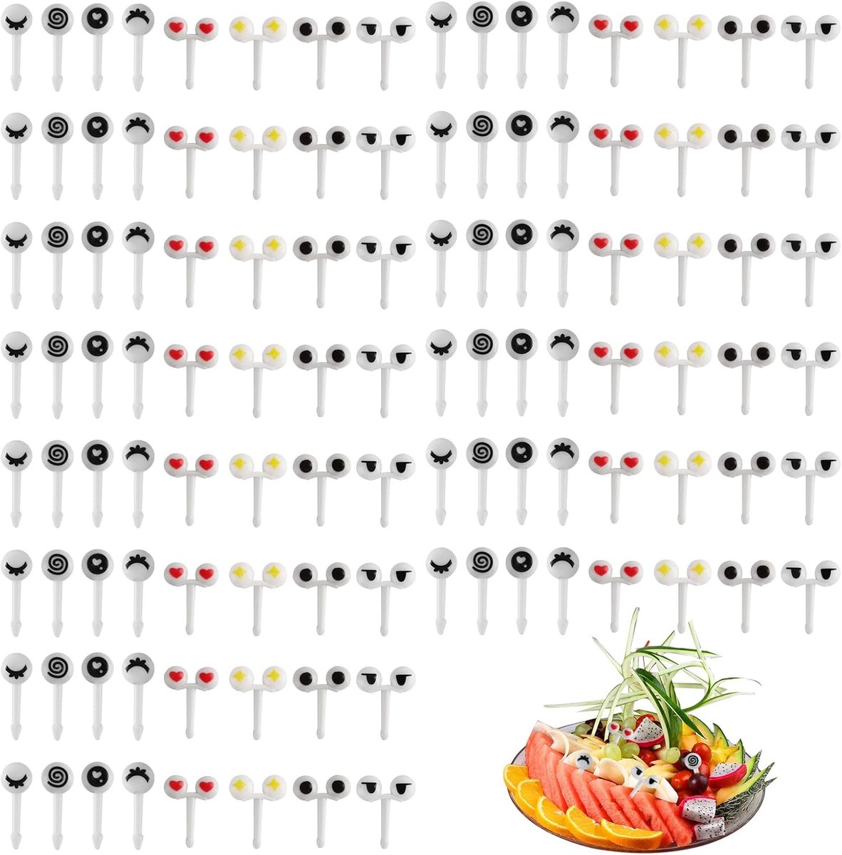 200 stuks herbruikbare plastic fruitvorken fruitplukkers, mini-ogen schattige voedselplectrums, cartoon voedsel tandenstoker voor cake fruit dessert vorken, bento lunchbox party vork accessoires