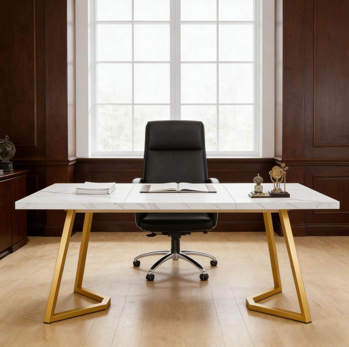 COVREO Computertisch 140 x 80 x 75 cm wit, goud, marmerlook, metalen frame