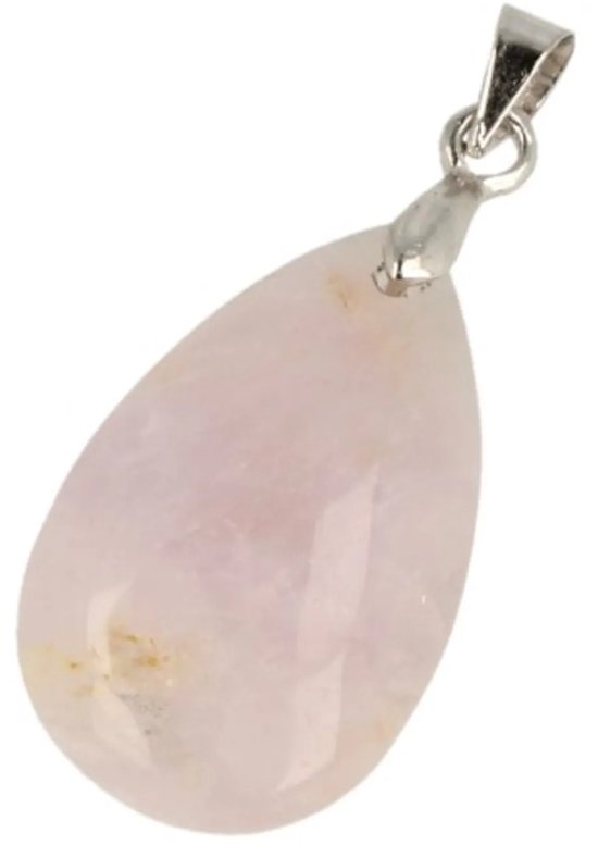 Druppelvormige hanger van roze kwarts met zilveren bevestiging.