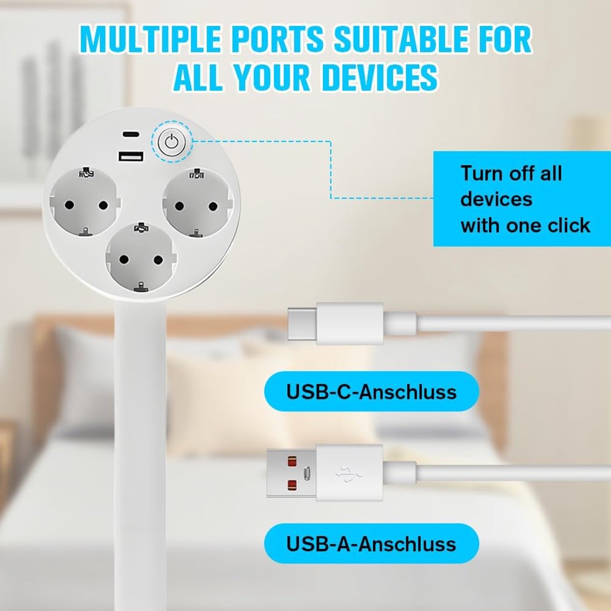 SnelShoppen - Uittrekbare Stekkerdoos (47-67 cm) met 3-Weg Plug, USB C en USB A, 360° Rotatable, Flexibele Tafel Aansluitplug voor Bureau, Kantoor, Sl