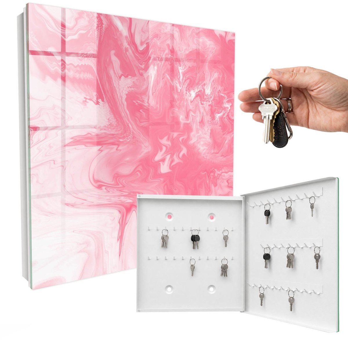 WallMuralia - Sleutelkast - 30x30x5 cm - met 50 haken - Roze Zephyr Groot Sleutelkastje - Roze Sleutelbox - Rechtsopenend - Wit interieur